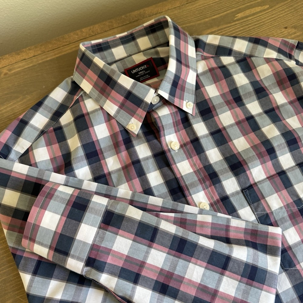 Untuckit Men's Small Slim Fit Plaid Long Sleeve Buttom Down Shirt Collar Preppy